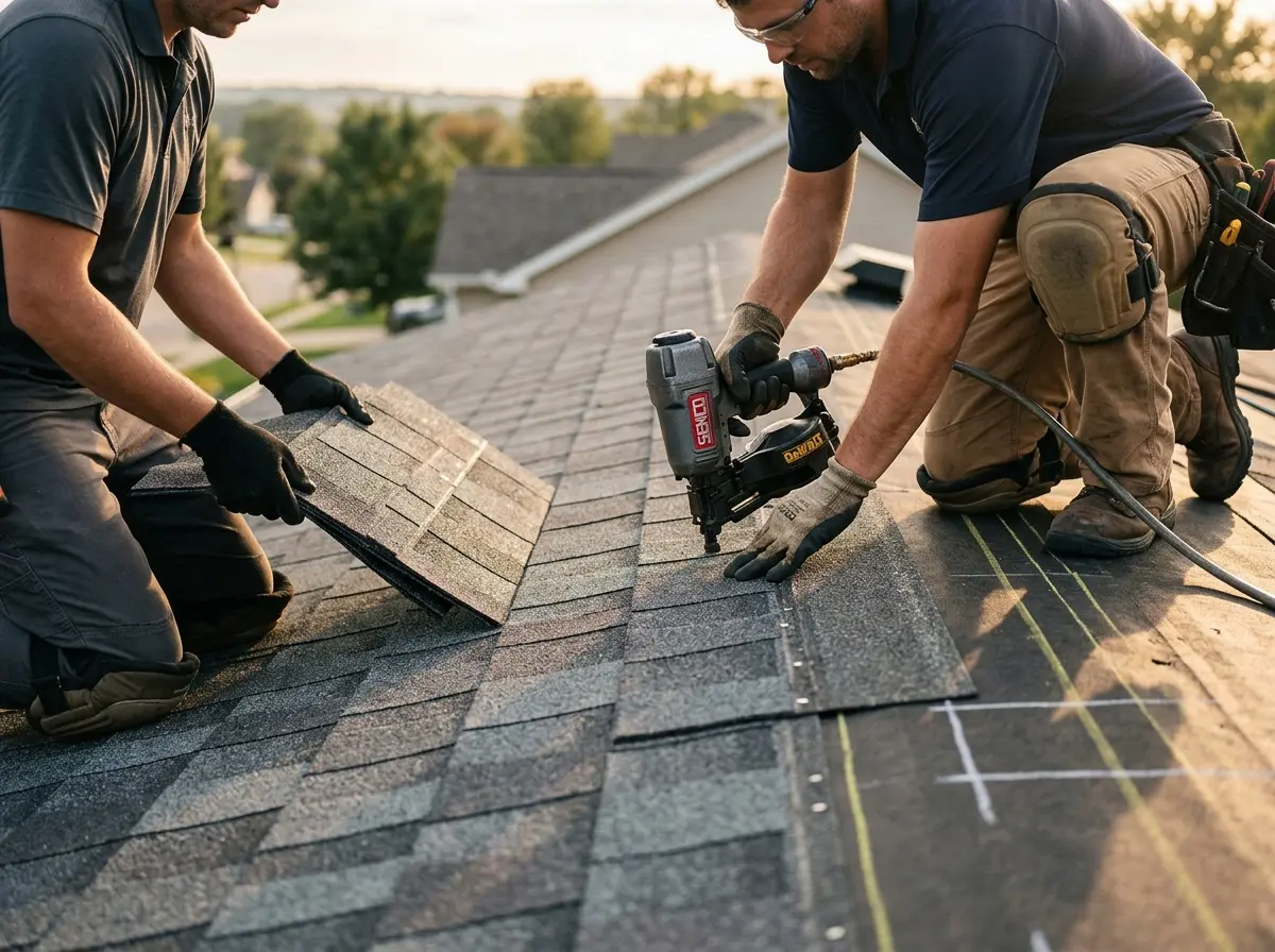 Professional roofer working on a residential roof in Eastman